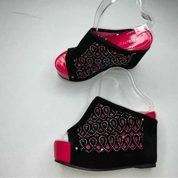 Beauty heels rhinestone vtg wedges faux suede bright pink patent leather sz 7 - Picture 1 of 5